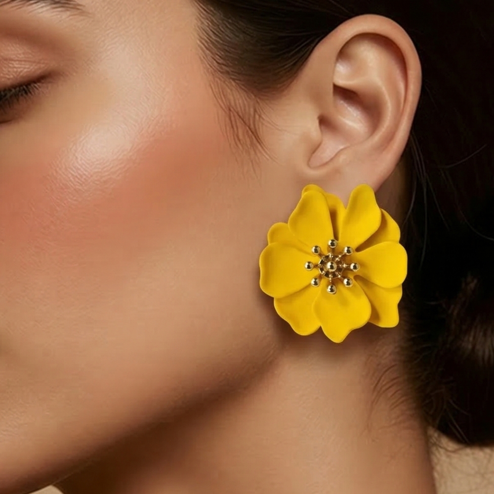 Yellow Poppy Flower Stud Earrings Bold Botanical Statement Summer Festival Boho